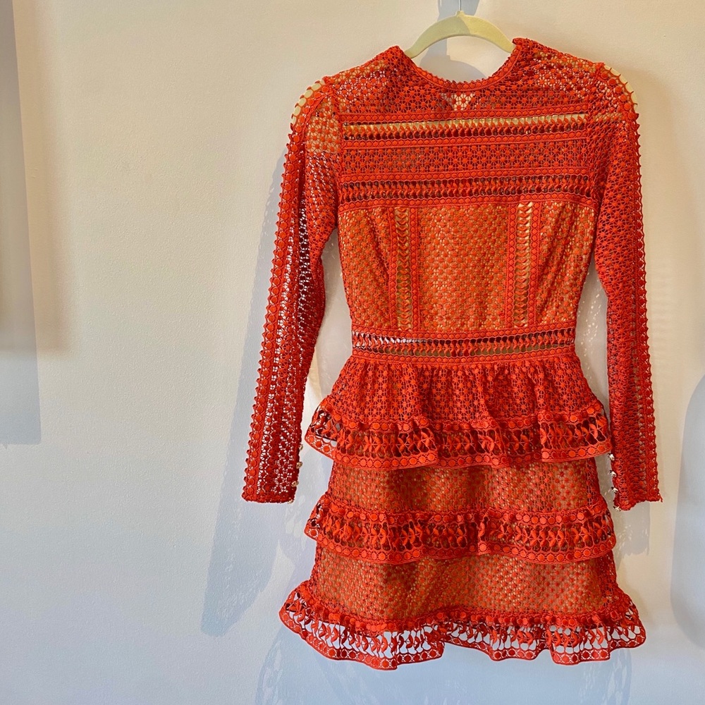 SELF PORTRAIT Coral Long Sleeve Mini Dress